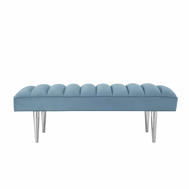 Blue silver upholstered velvet bench with comfort and elegant design in electric blue color