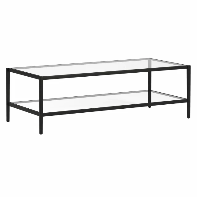 Black glass steel coffee table with shelf and hardwood details