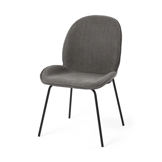 Gray black upholstered fabric side chairs with wood armrests and comfortable rectangle seating