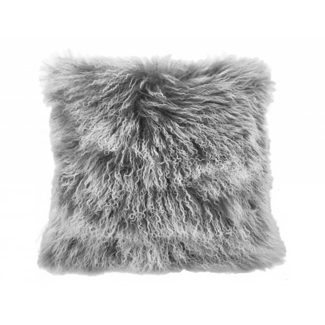 Plush Tibetan lamb fur pillow with soft microsuede backing in elegant grey