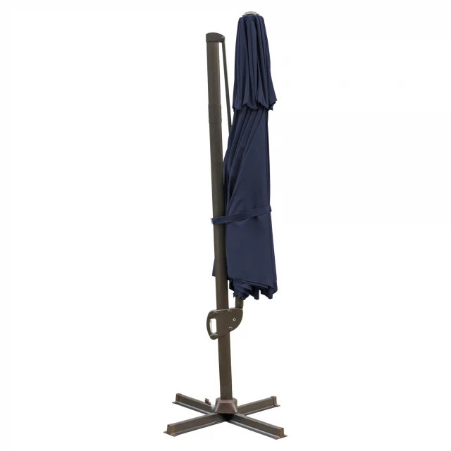 Round tilt cantilever patio umbrella stand with electric blue chair and metal base for outdoor comfort