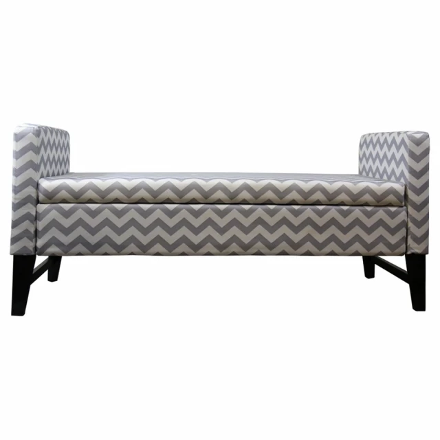 Gray white chevron print storage bench with wood composite material and metal armrests