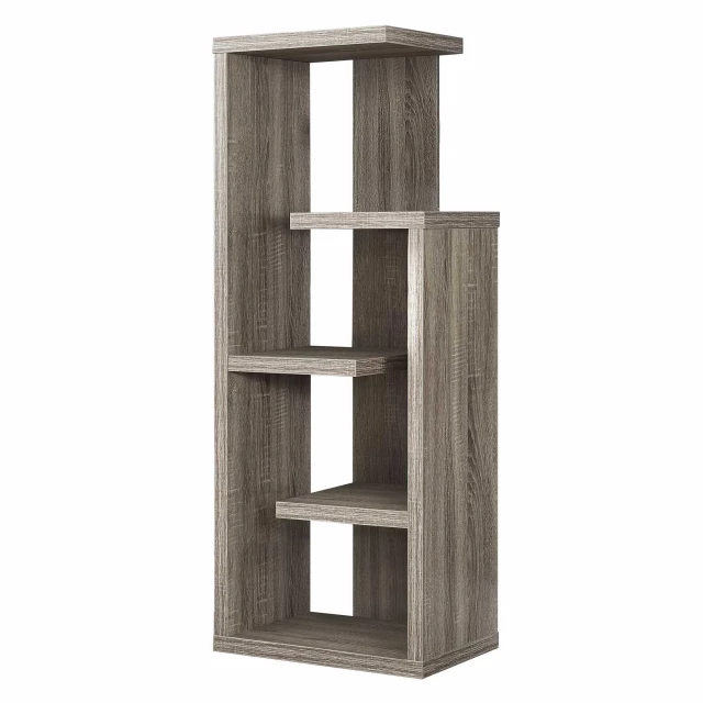 dark taupe wood etagere bookcase with rectangular shelves and hardwood finish