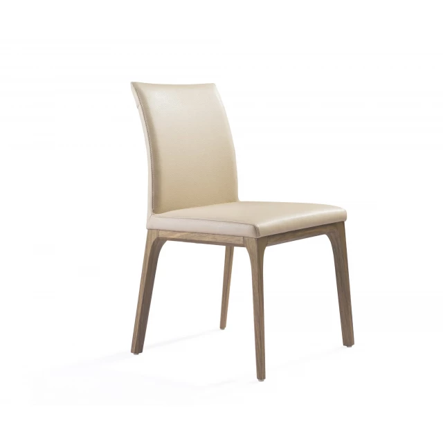Taupe faux leather dining chairs with wood legs and comfortable hardwood seat