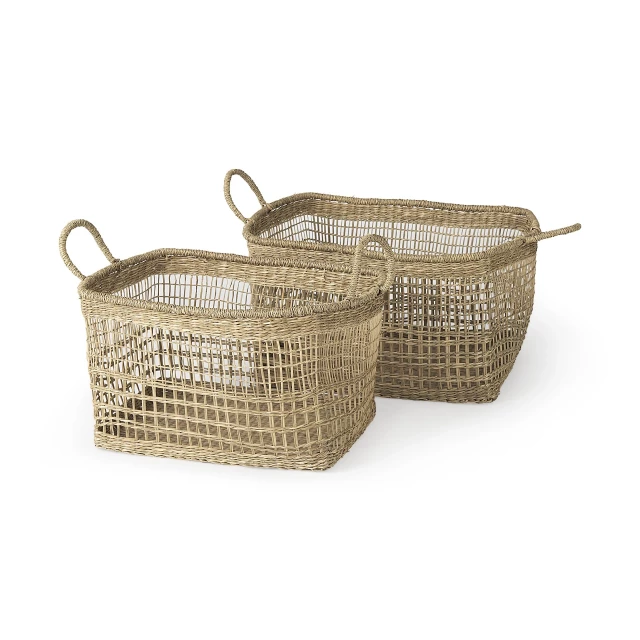 brown wicker storage baskets with handles for organizing and laundry