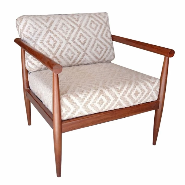 Beige natural cotton geometric armchair with wood armrests and comfortable rectangle seat