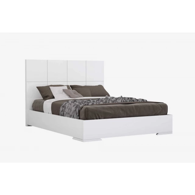 Contemporary white queen platform bed in a minimalist bedroom design