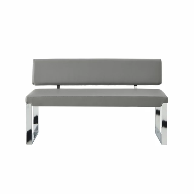 Gray silver upholstered faux leather bench with metal legs and wooden details