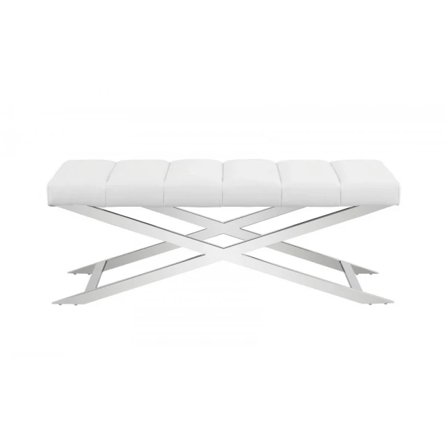 Silver upholstered faux leather dining bench with symmetrical design and metal accents