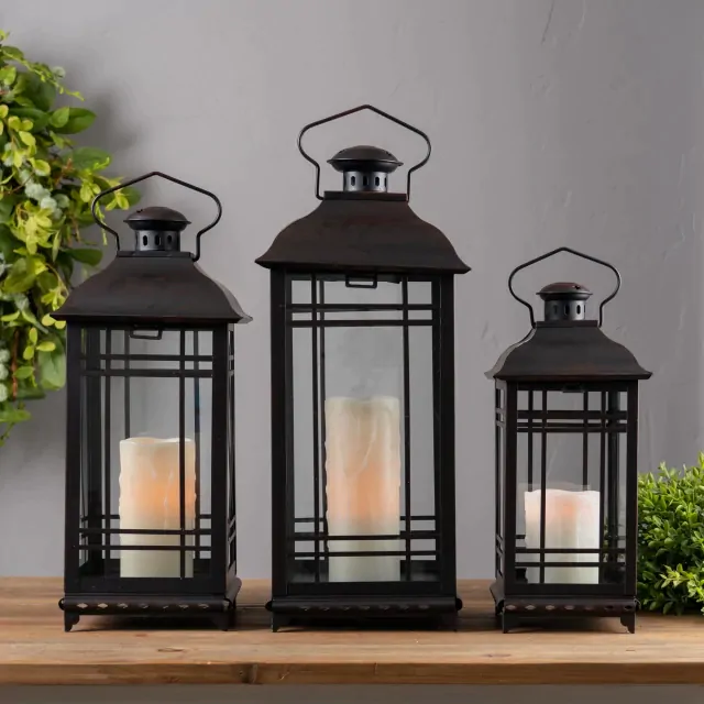 Set Of Three Black Flameless Floor Lantern Candle Holder Set Of Three Black Flameless Floor Lantern Candle Holder
