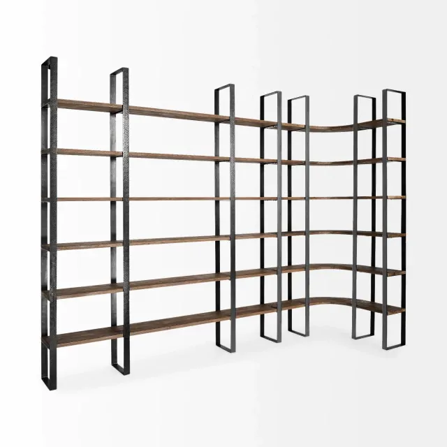 Curved Dark Brown Wood And Black Iron 6 Shelving Unit Curved Dark Brown Wood And Black Iron 6 Shelving Unit
