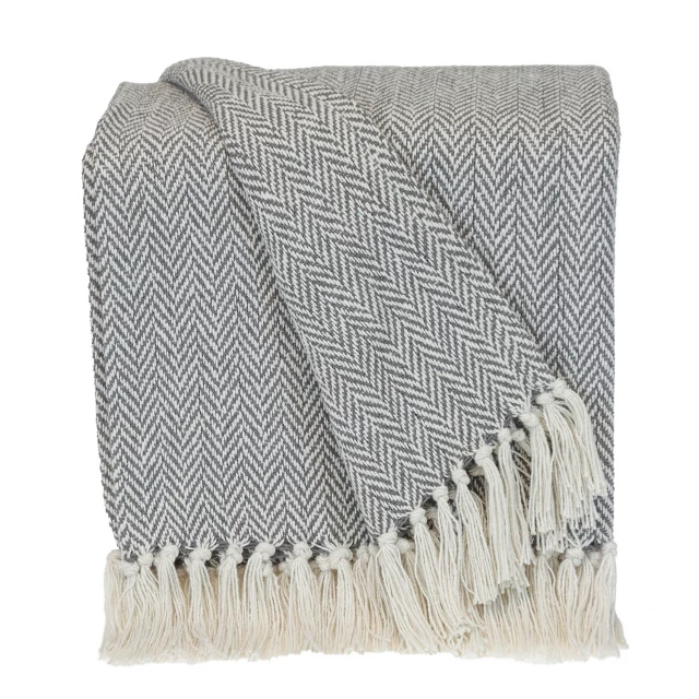 Light gray cotton throw blanket with tassels