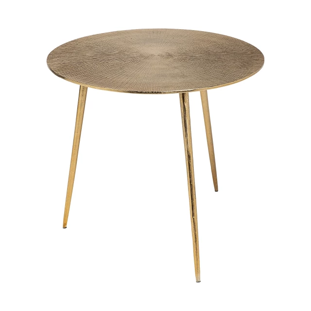 Gold metal round end table with wood accents in a home decor setting