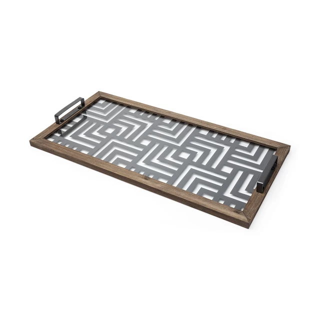 metal glass maze like pattern tray with rectangle wood triangle font electric blue flooring