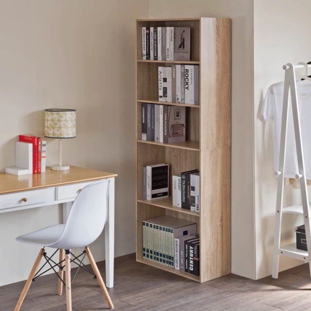 Classic natural finish five shelf bookcase in wood with shelving for interior design