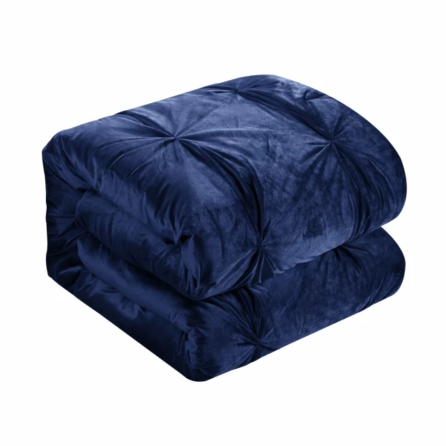 Polyester thread count washable down comforter with a cozy denim texture and electric blue accents