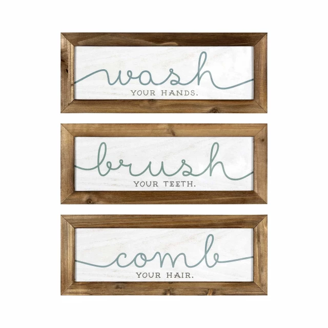 rustic grooming instructions bathroom wall art with handwriting on wood background