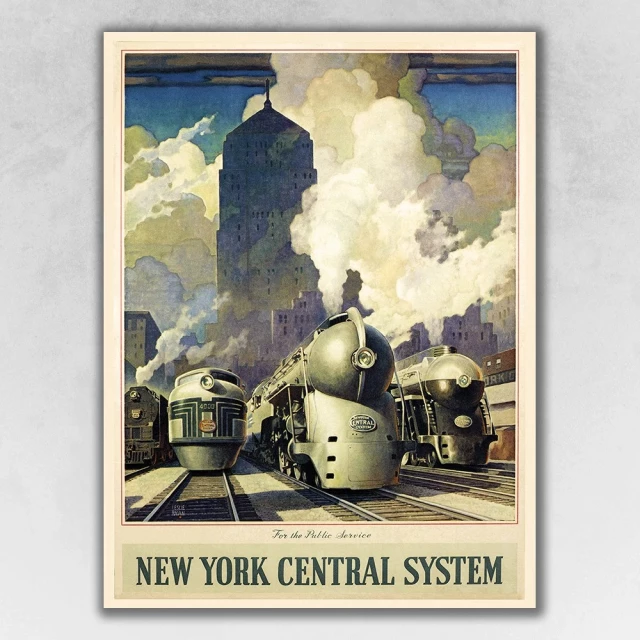 Vintage travel print featuring a steam engine train with artful clouds and tints