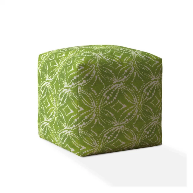 Green and white cotton damask pouf cover with patterned design