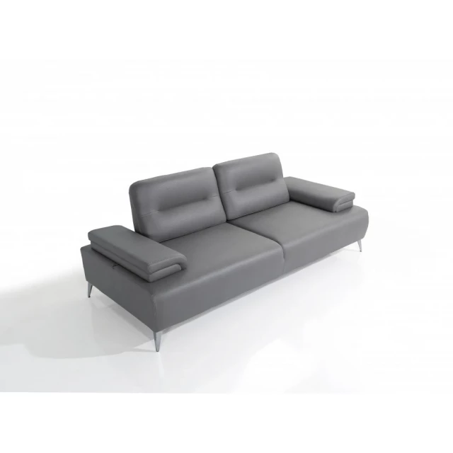 Ruslan sofa light grey leather in a comfortable studio couch design with wooden accents