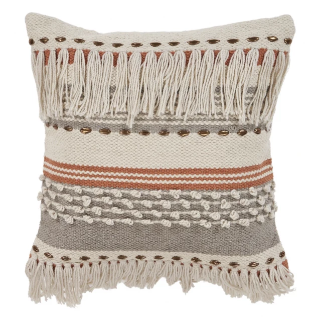 Red striped cotton pillow with zippered closure and fringe detailing