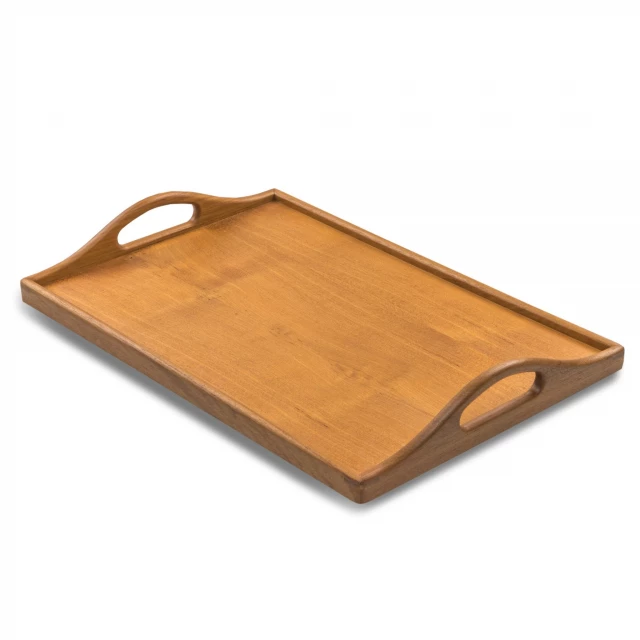 designer solid teak serving tray made of hardwood with wood stain finish
