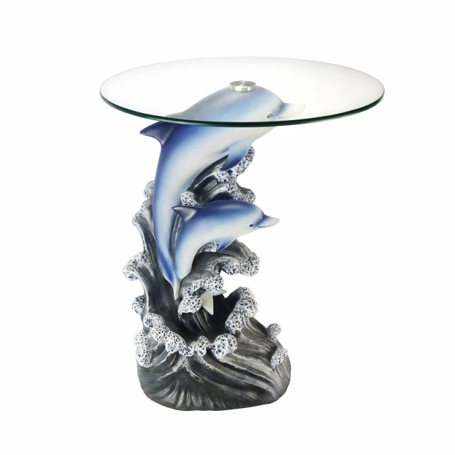 Glass polyresin dolphins round end table with artful design and tableware elements