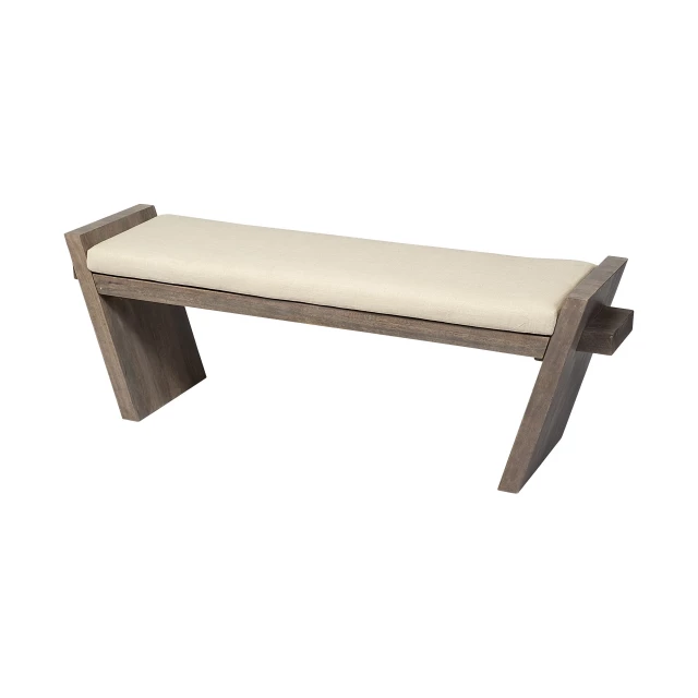 Cream brown upholstered linen blend bench furniture with wood details