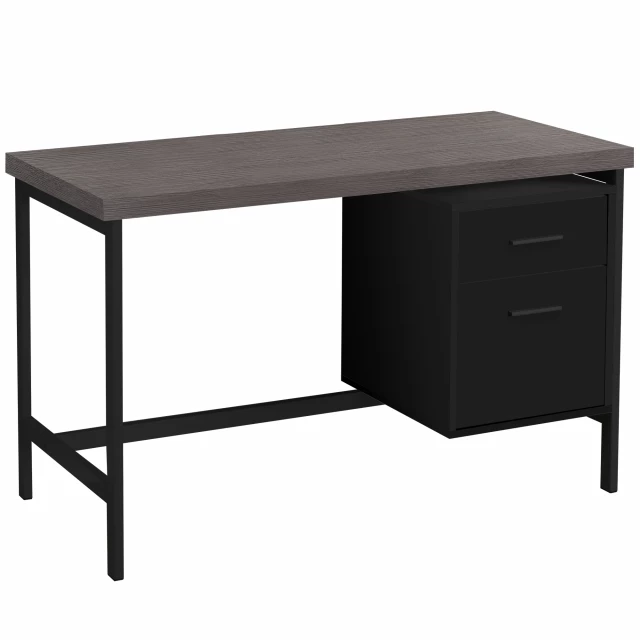 gray black computer desk with drawers and wood stain