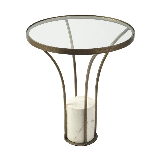 Glass end table with metal marble pedestal and transparent cylinder art design