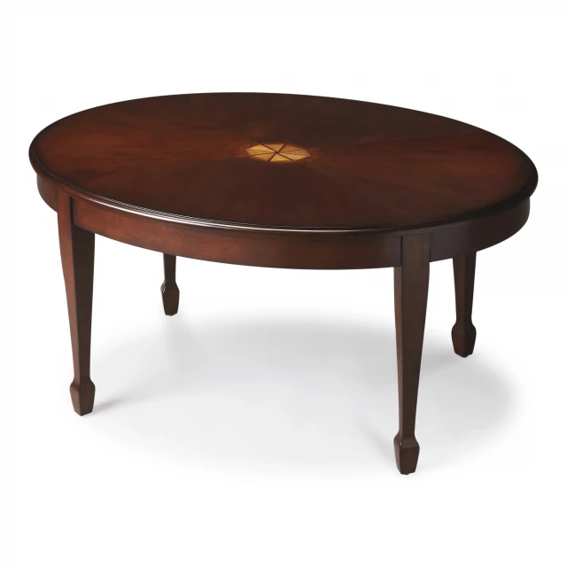 Dark brown oval coffee table with wood stain and varnish finish