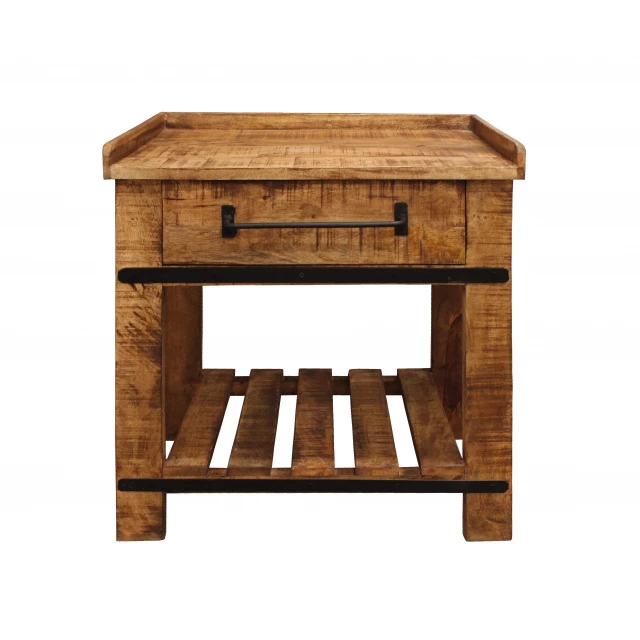 Natural wooden nightstand with drawer in an outdoor setting