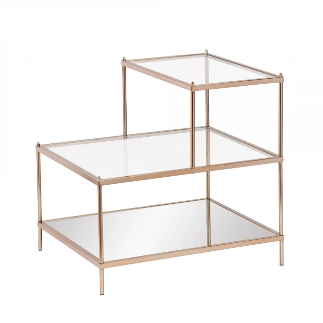 Clear glass tiered end table with rectangular shelves and wood finish