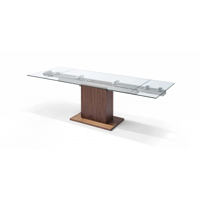 Contemporary glass extendable pedestal dining table with wood metal composite material