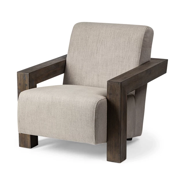 Accent chair upholstered with natural wood frame and comfortable armrests in a rectangle shape suitable for outdoor flooring