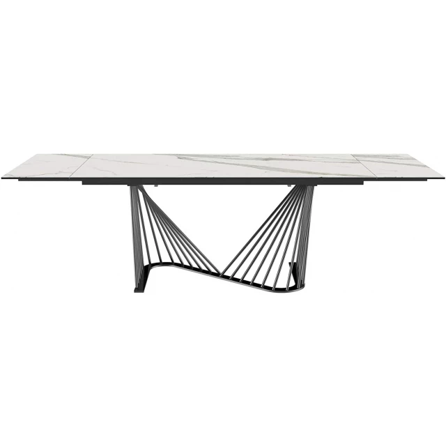 Iron self storing leaf dining table with rectangular shape and shades reflecting modern design