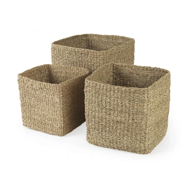 square wicker storage baskets made from natural material with wooden texture