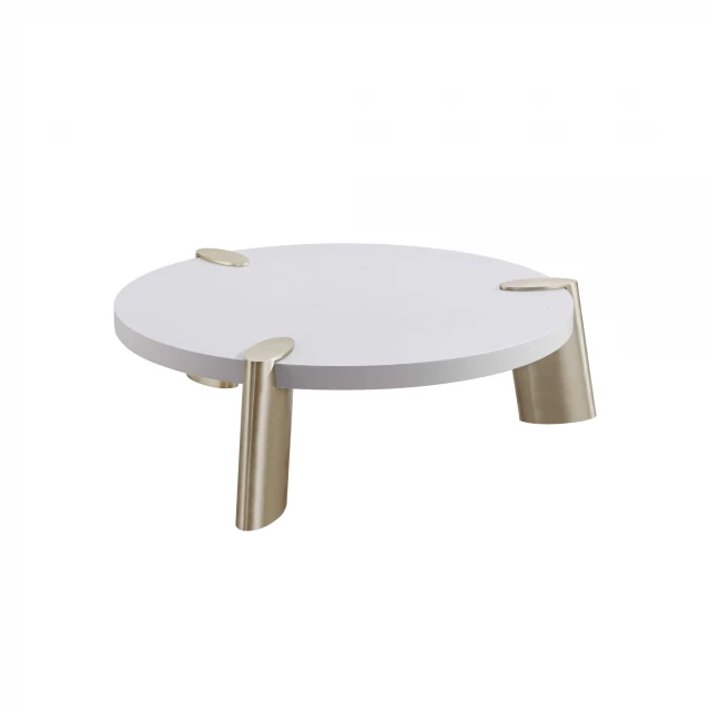 Matte white finish coffee table with wood construction and beige plywood accents in an outdoor setting