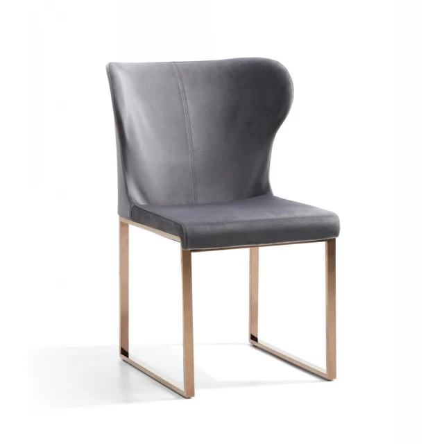 Gray rosegold velvet dining chair with wood and metal materials offering comfort and style