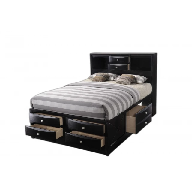 Full bed with wood platform and pull-out tray design