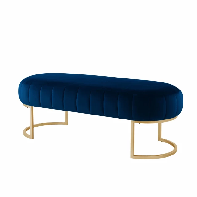 Navy blue gold upholstered velvet bench with comfortable rectangle design suitable for outdoor furniture