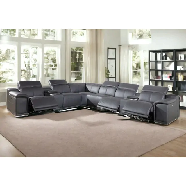 Gray Italian Leather Power Reclining U Shaped Eight Piece Corner Sectional With Console Gray Italian Leather Power Reclining U Shaped Eight Piece Corner Sectional With Console