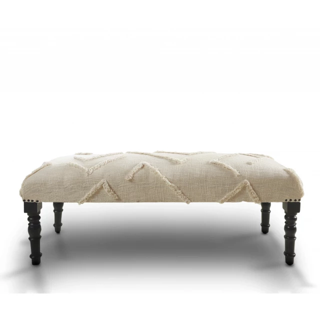 Cream black leg abstract upholstered bench with beige metal accents and wood details