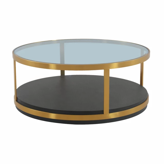 Solid wood round coffee table with shelf in shades of brown and black metal accents