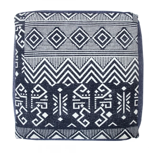 Blue cotton ottoman with patterned motif and electric blue accents