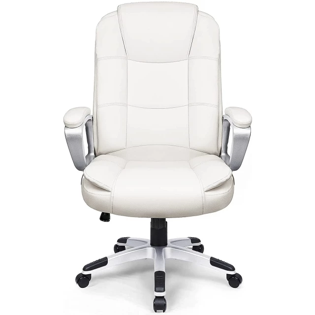 white leather executive chair with lumbar support and armrests for comfort