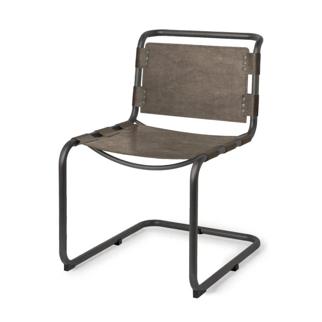 Brown black leather side chair with metal armrests and rectangle backrest for comfort and style