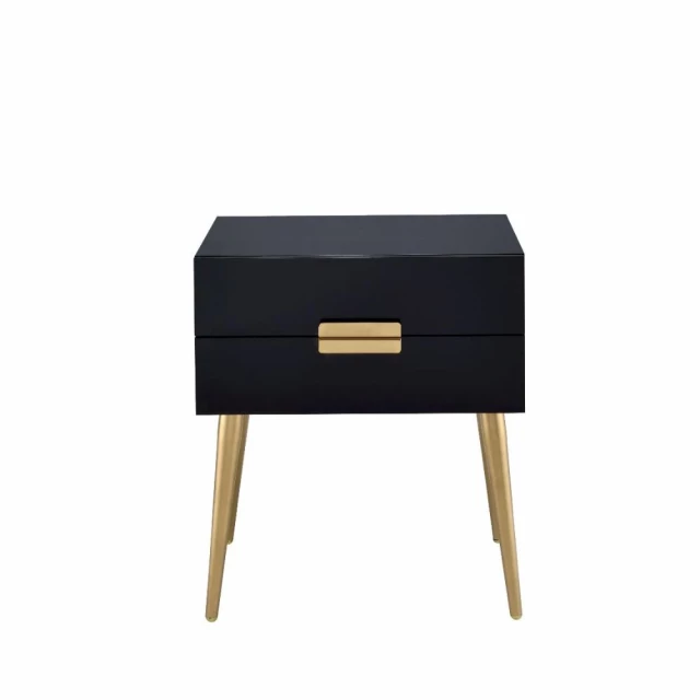 Gold black end table with wood stain and hardwood finish in a rectangle shape