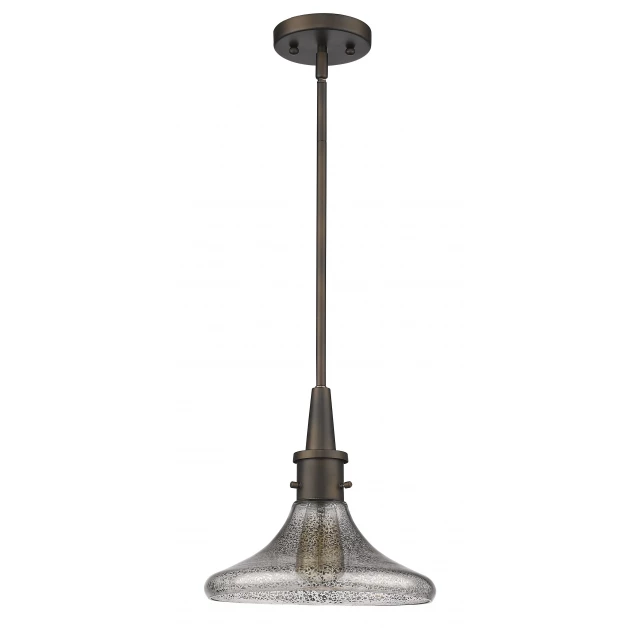 bronze hanging light with pebbled glass shade and metal cone finial