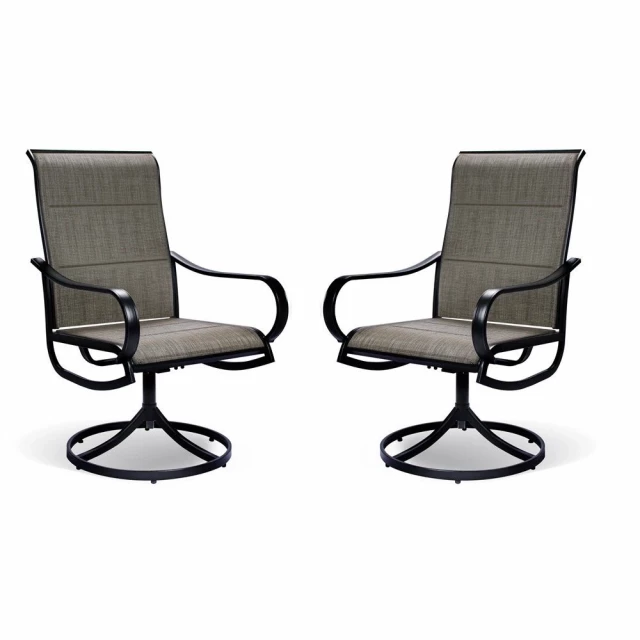 Gray padded swivel outdoor dining chairs on patio